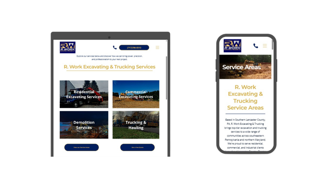 Website on tablet and phone showing D. Wilma Excavating & Trucking service.