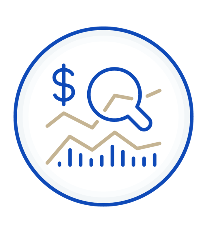A blue circle with a magnifying glass , a dollar sign , and a graph.