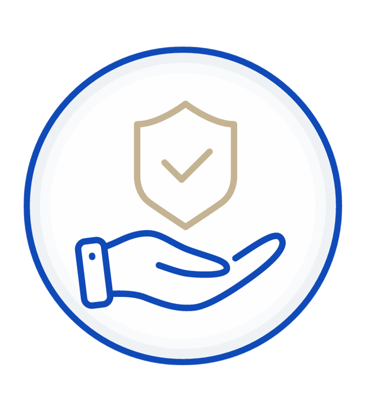 A hand is holding a shield with a check mark on it.