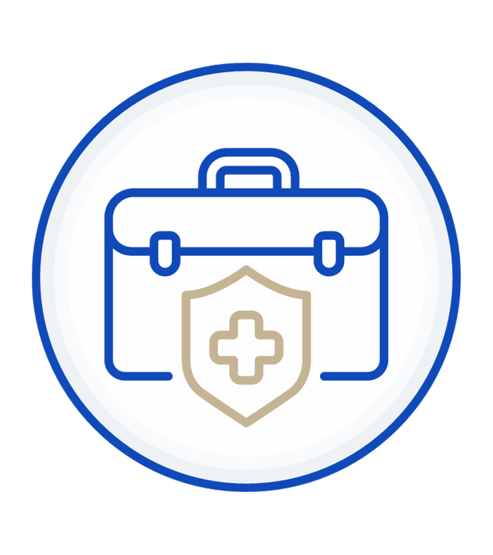 An icon of a briefcase with a shield and a cross on it.
