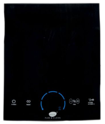Black appliance control panel with blue-lit circular dial and white icons on the bottom edge.