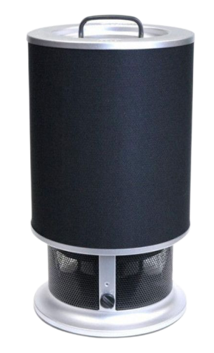 Black cylindrical speaker or air purifier with silver top, handle, and base on a white background