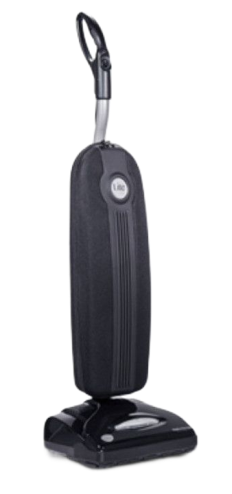 Black upright vacuum cleaner on a base with a handle and hose attachment