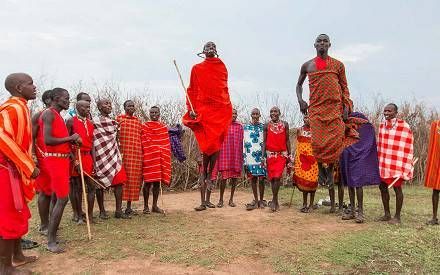 People on safari in open-top jeep, photographing giraffes in green grassy field.