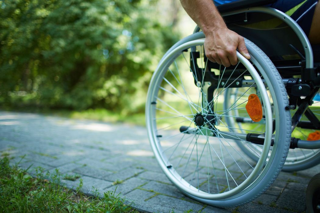 Una persona spinge una sedia a rotelle su un sentiero soleggiato accanto ad alberi verdi.