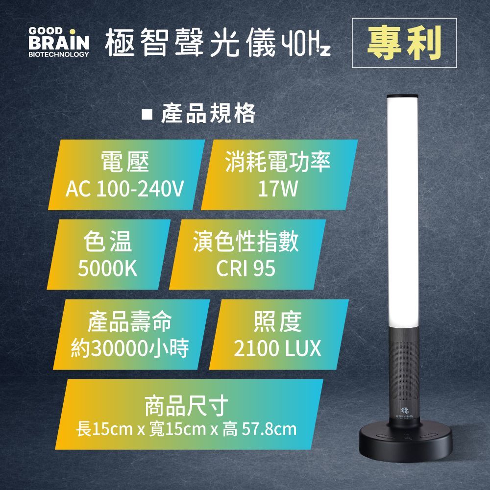 Good Brain 極智聲光儀,40hz,AC 100-240V ,色温:5000K,演色性指數:CRI 95
照度: 2100 LUX(40cm中心點)
產品壽命:約30000小時
额定電流:0.8A
保固二年,商檢字號:R3G849