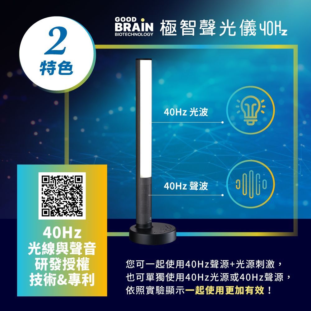 GOODBRAIN，goodbrain，失智症，Good Brain，御庭生物科技，極智聲光儀40Hz，40Hz神奇光，遠離失智風險，失智，天天激活大腦，工研院，專利研究，技術授權，腦與認知實驗室，gamma波，聲光混合專利，閃爍