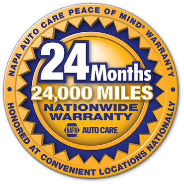 NAPA AutoCare nationwide warranty badge: 24 months, 24,000 miles, gold and blue circular seal | Exodus Motor Works LLC