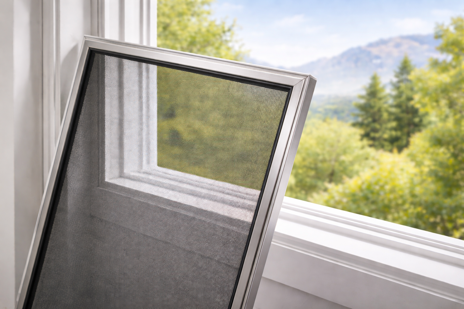 A window screen in a metal frame positioned in front of a window overlooking a scenic view of trees and mountains.