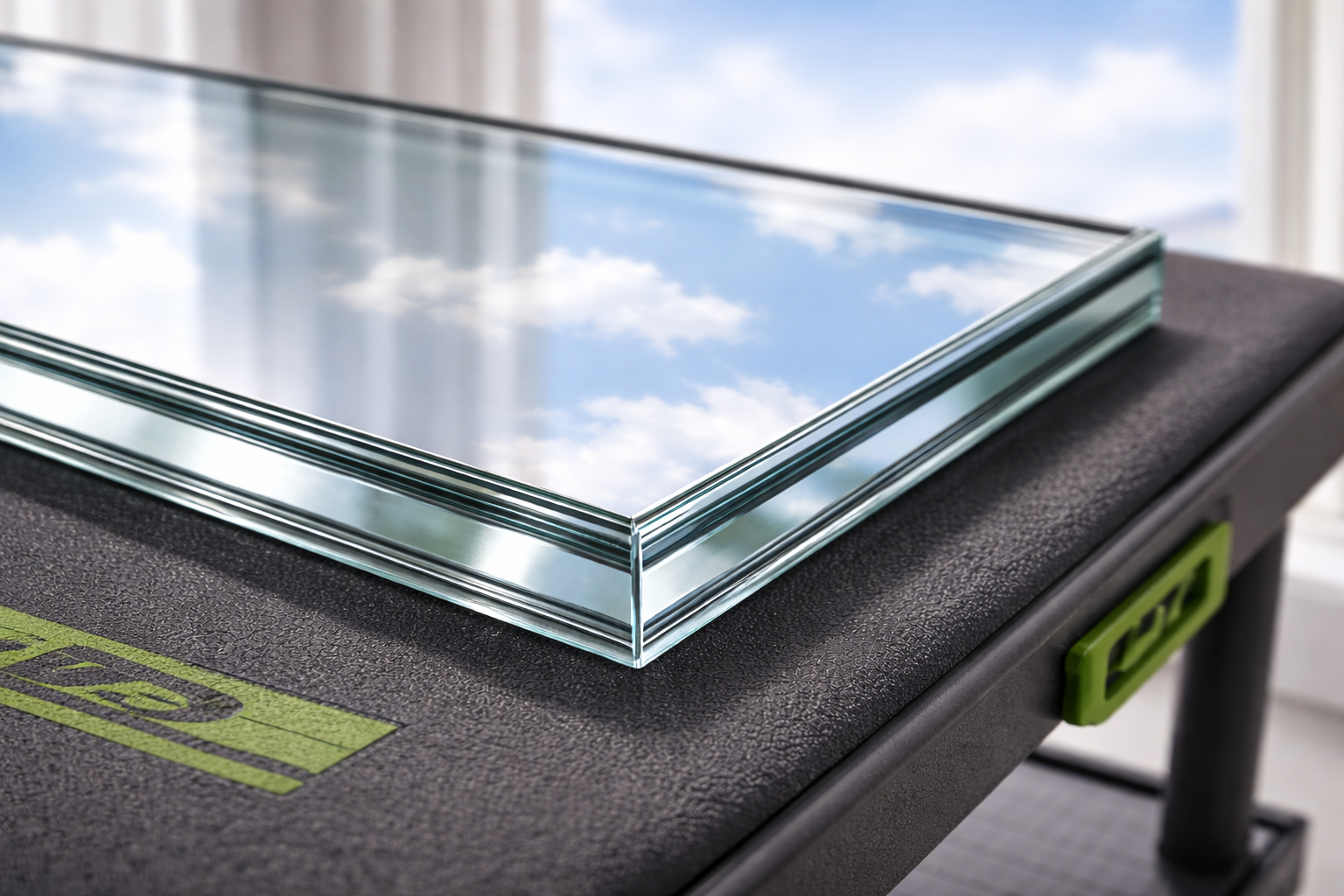 A piece of double-paned insulated glass resting on a dark, textured workbench, reflecting a blue sky with white clouds.