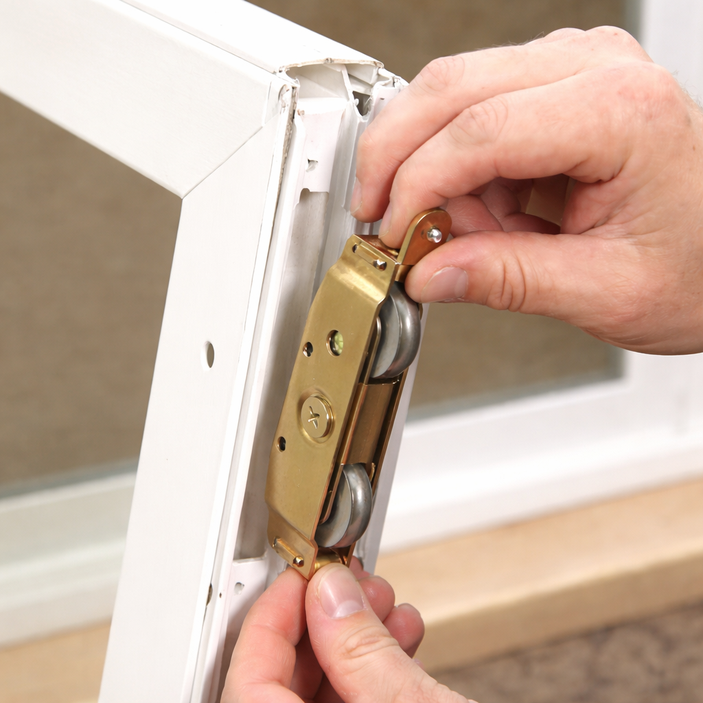 Hands installing a brass sliding door roller assembly into the frame of a white door.