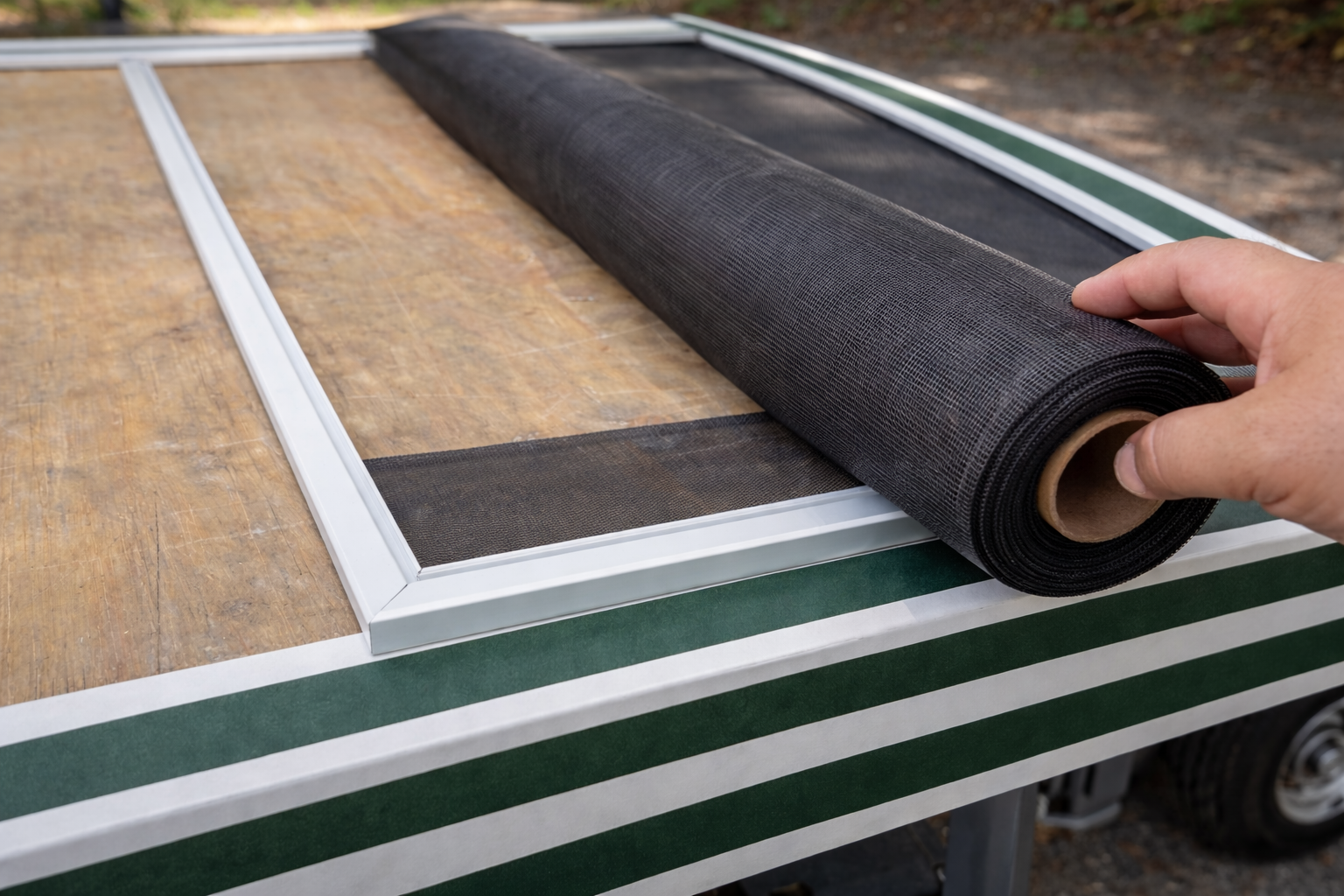 A hand unrolls a strip of black mesh screen onto a wooden surface framed with white aluminum edges.
