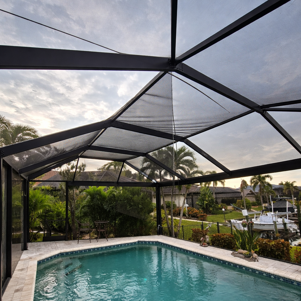 A screened-in swimming pool enclosure overlooking a canal with palm trees and a boat in the background at sunset.