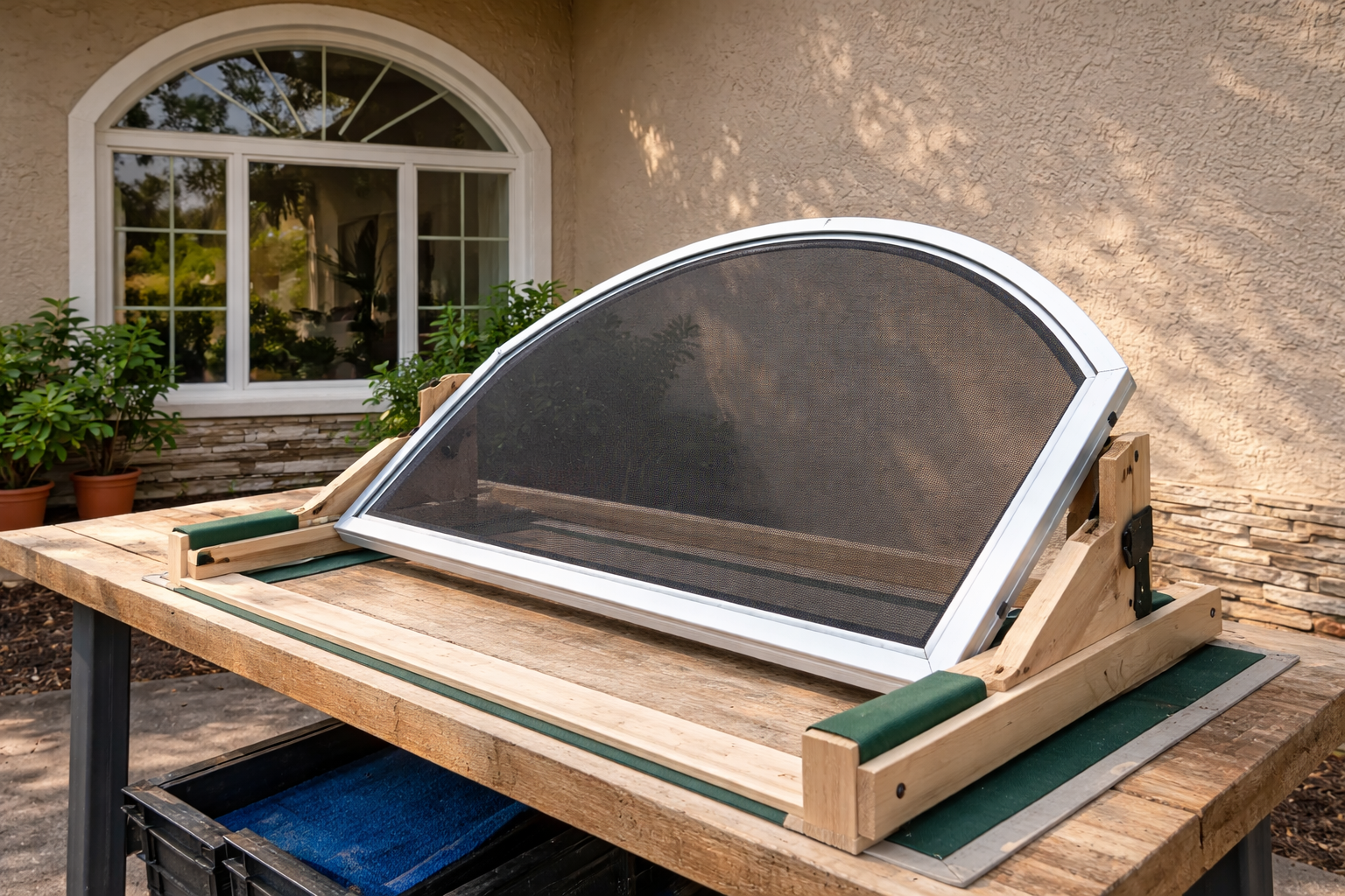 A semi-circular window screen sits in a wooden frame on a workbench outdoors, positioned for assembly or repair.