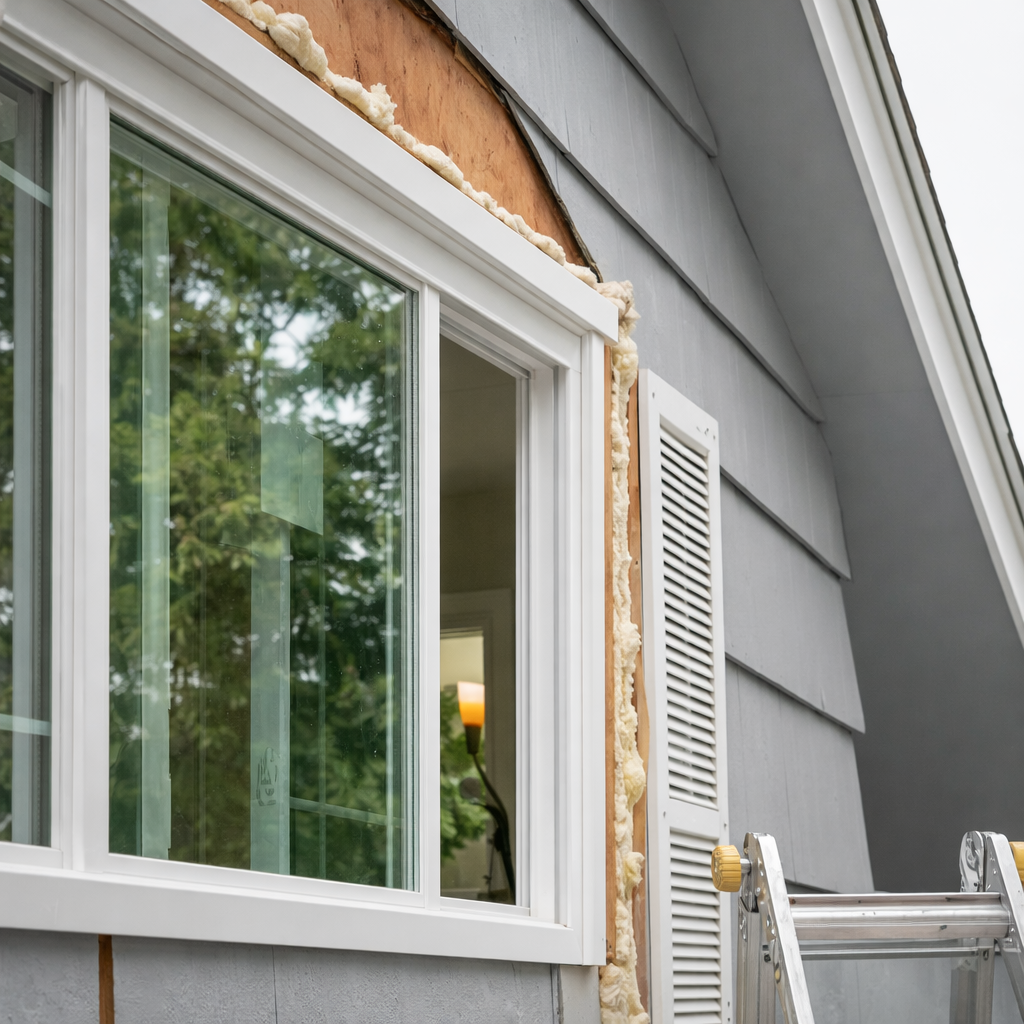 A newly installed white window frame on a grey house exterior with visible spray foam insulation around the edges.