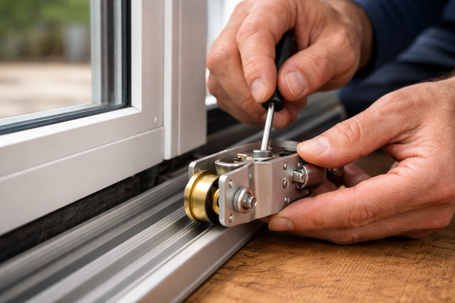 A pair of hands uses a screwdriver to adjust the roller mechanism on the bottom frame of a sliding glass door.