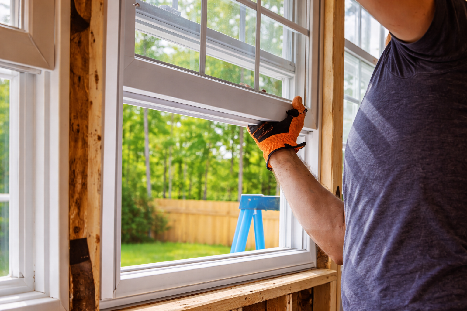 A person wearing work gloves installs a white framed window into an exposed wooden wall frame.