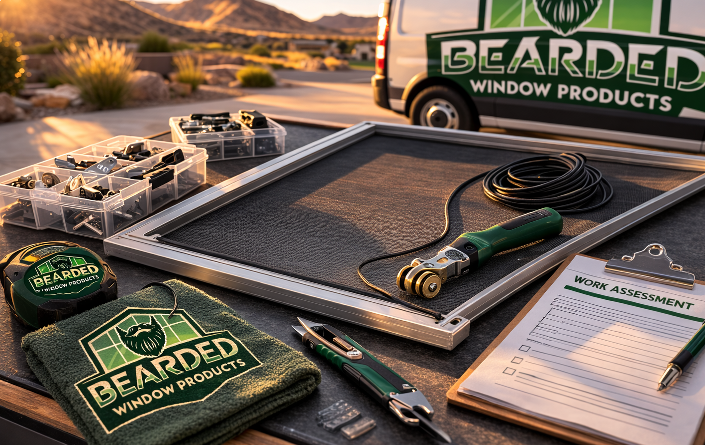 Work table with screen repair supplies, a clipboard, and branded cloths, positioned in front of a Bearded Window van.