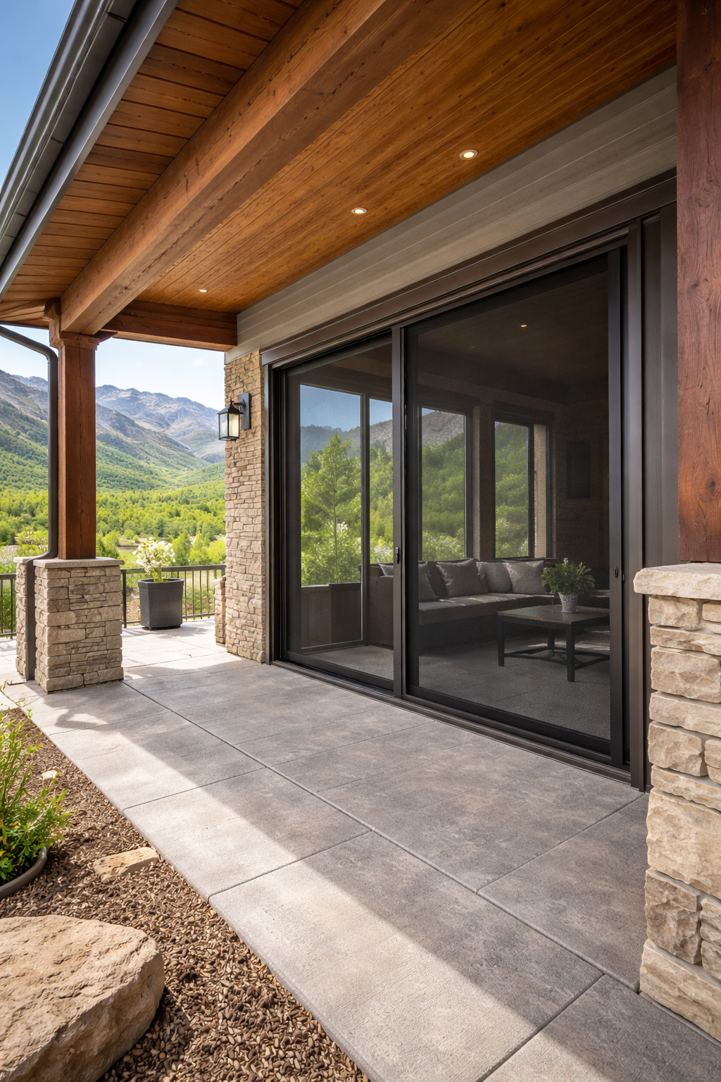 A screened-in swimming pool enclosure overlooking a canal with palm trees and a boat in the background at sunset.