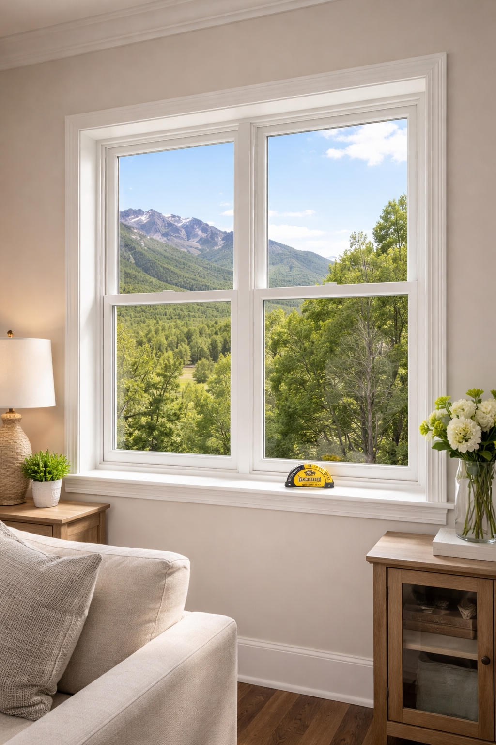 A person uses a putty knife to scrape old sealant from the wooden frame of an open window during a repair.