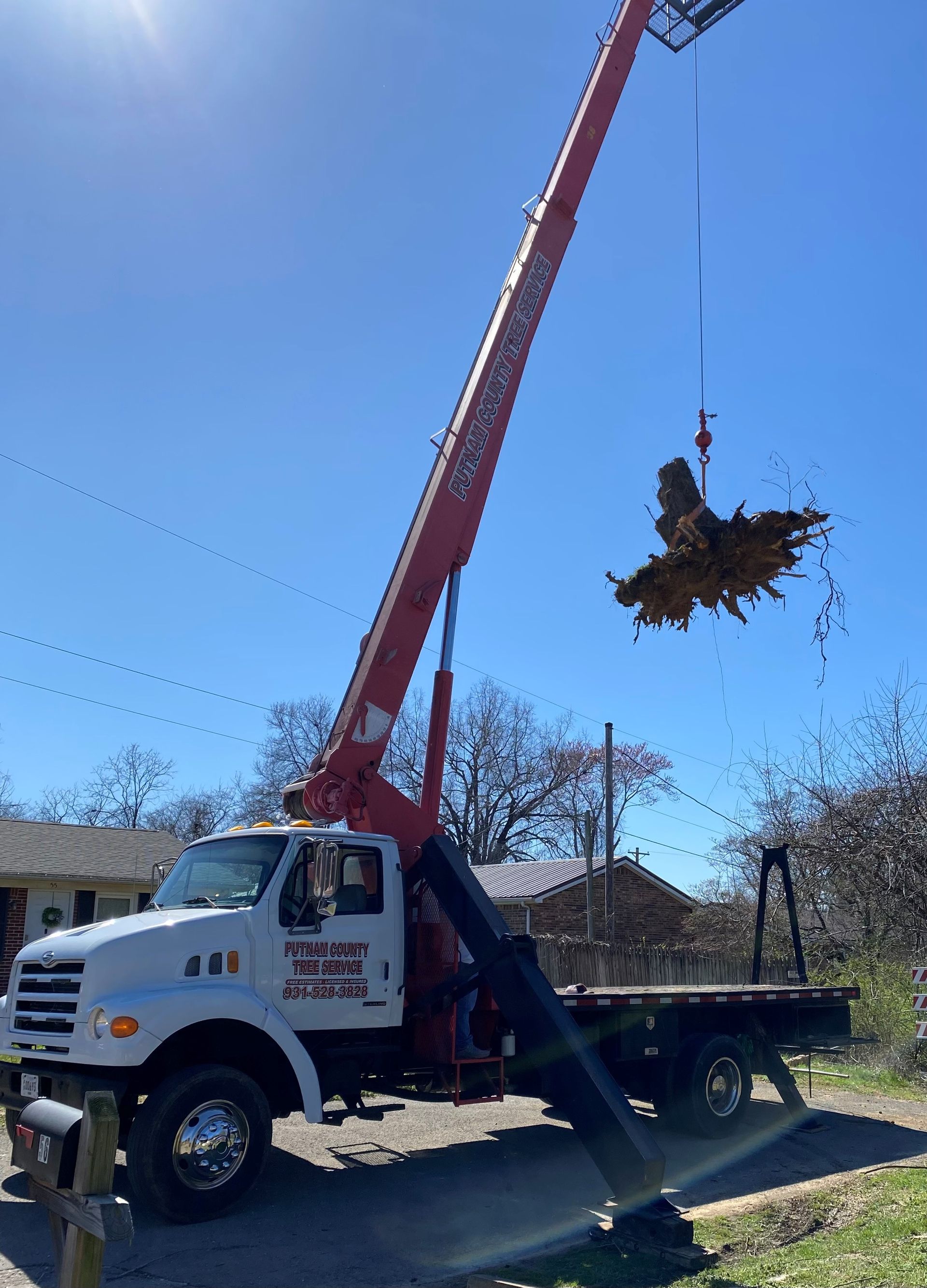 A tree service truck lifting tree roots against a blue sky.