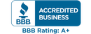 A blue and white sign that says accredited business bbb rating a+