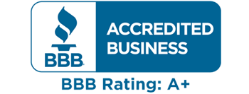 A blue and white sign that says accredited business bbb rating a+