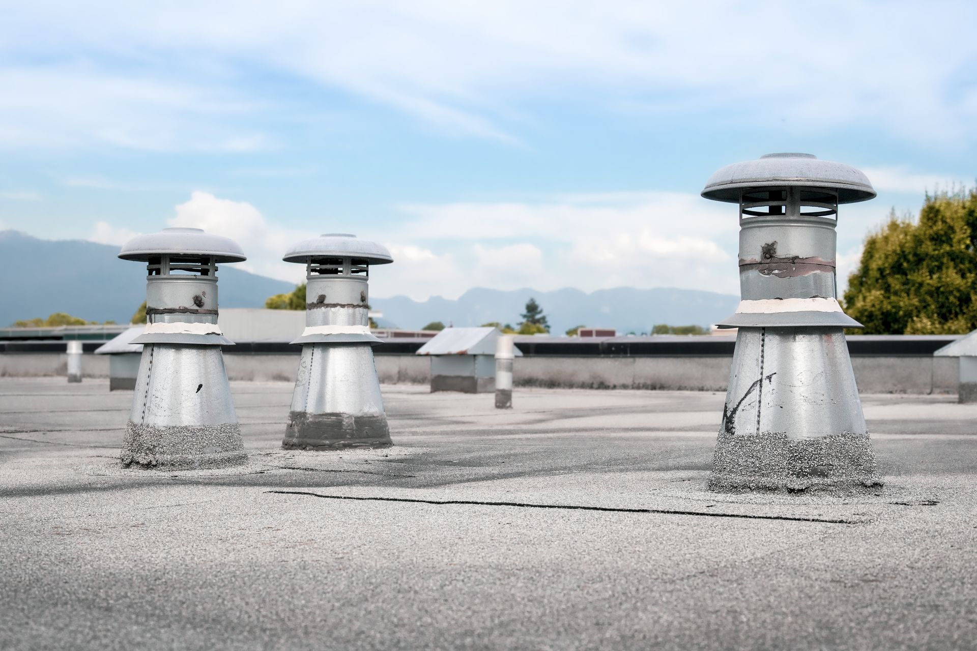 There are three chimneys on the roof of a building.