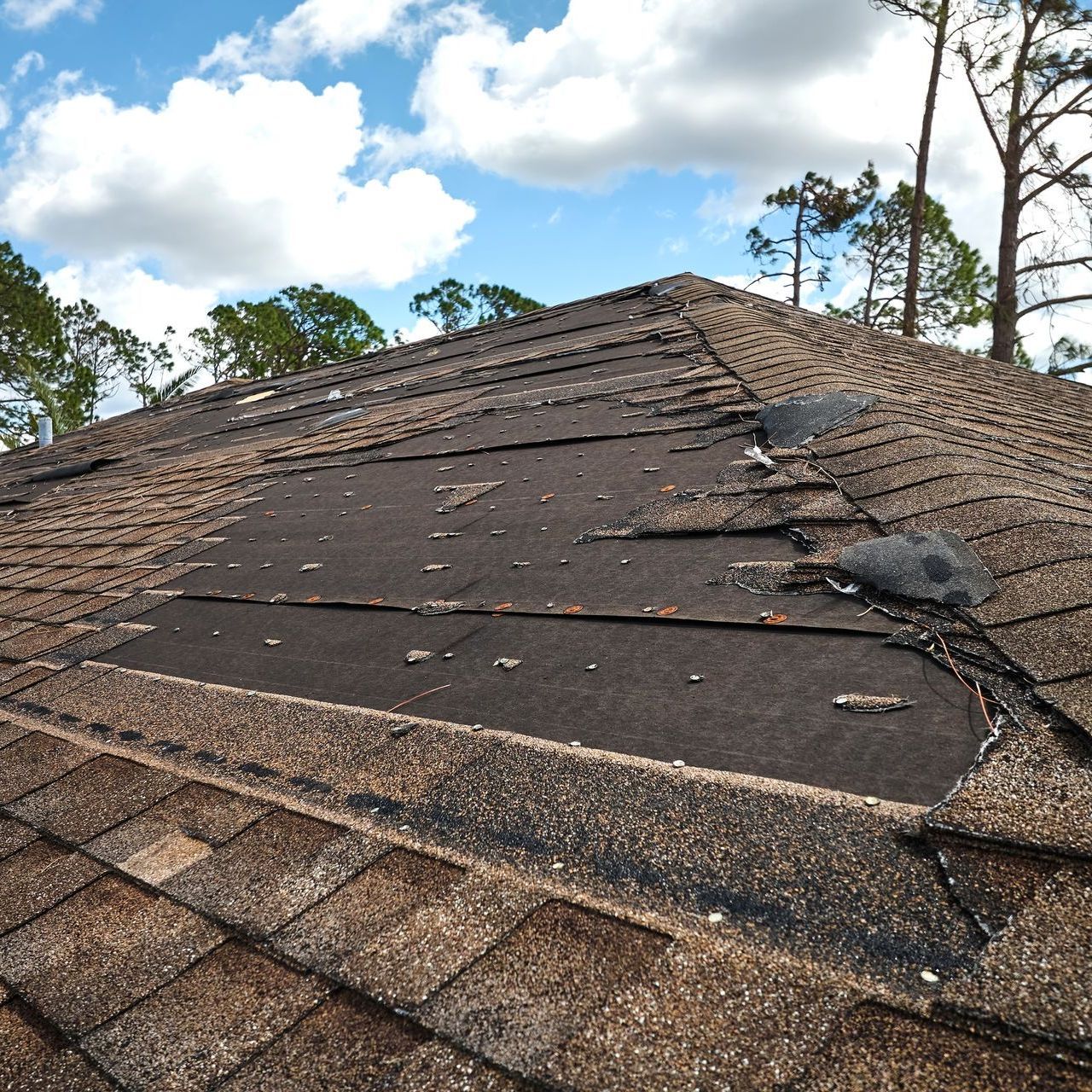 A roof with a hole in it and trees in the background