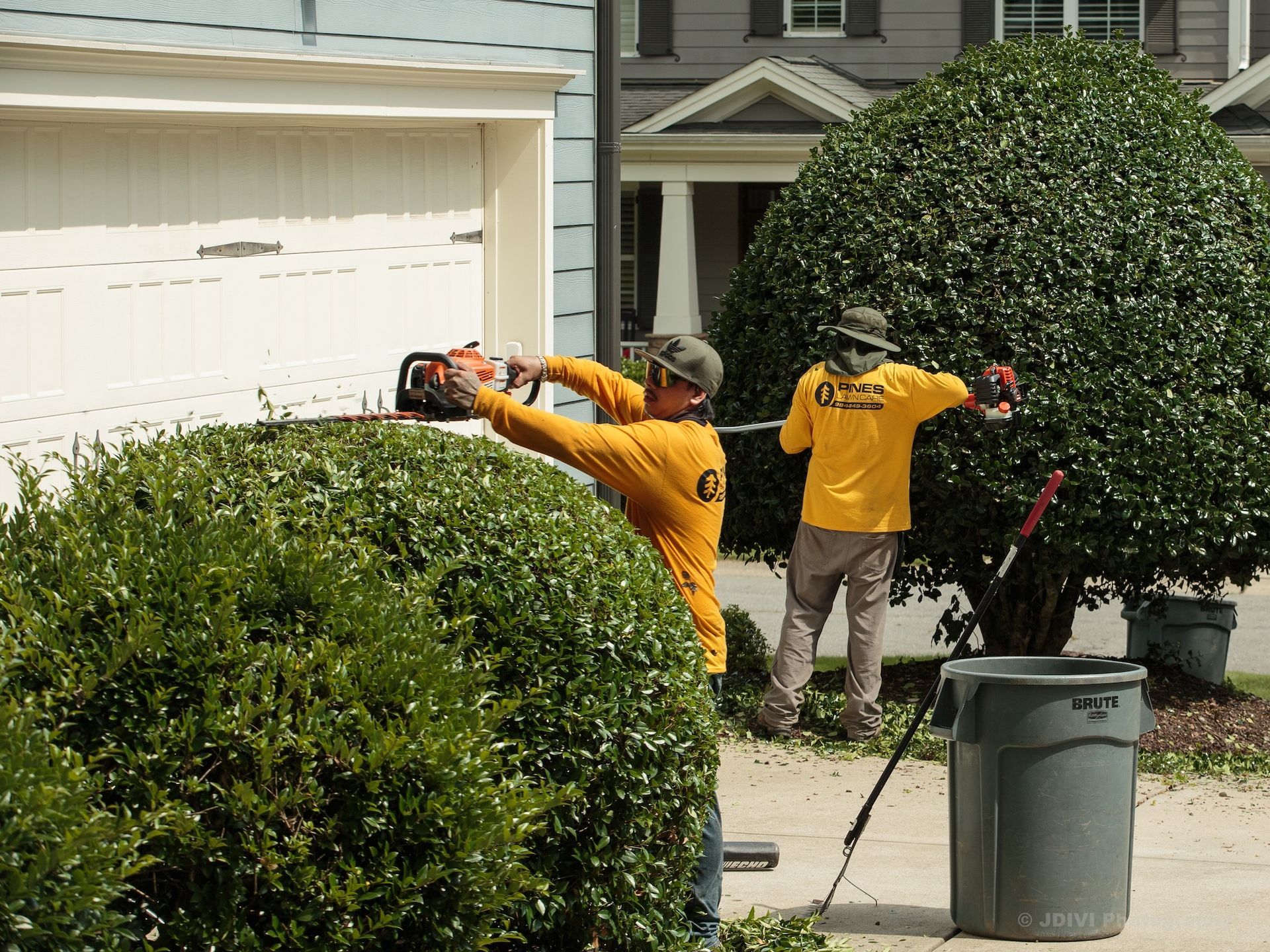 Two workers in yellow shirts trimming bushes with power tools near a garage in a residential area.