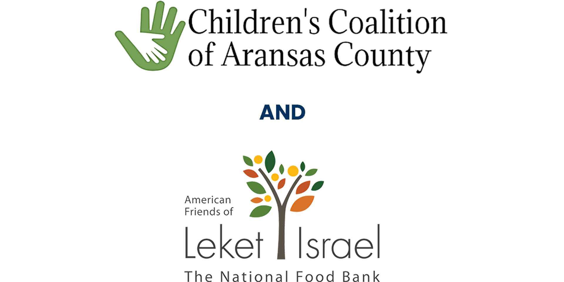 Logos for the Children's Coalition of Aransas County and American Friends of Leket Israel, a national food bank.