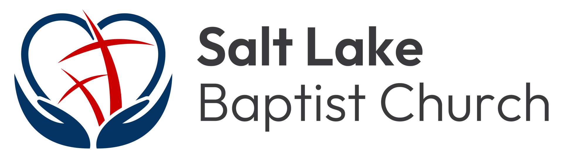 Logo for Salt Lake Baptist Church featuring two blue hands cradling a red cross inside a heart shape.