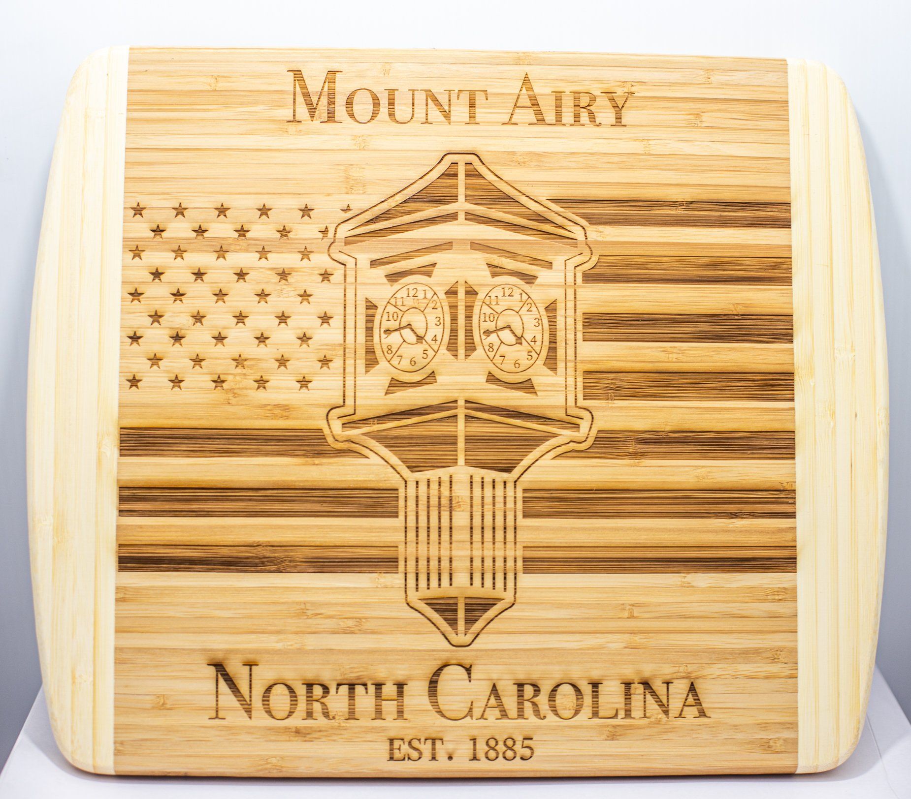 Laser engraved cutting board for Mount Airy, NC