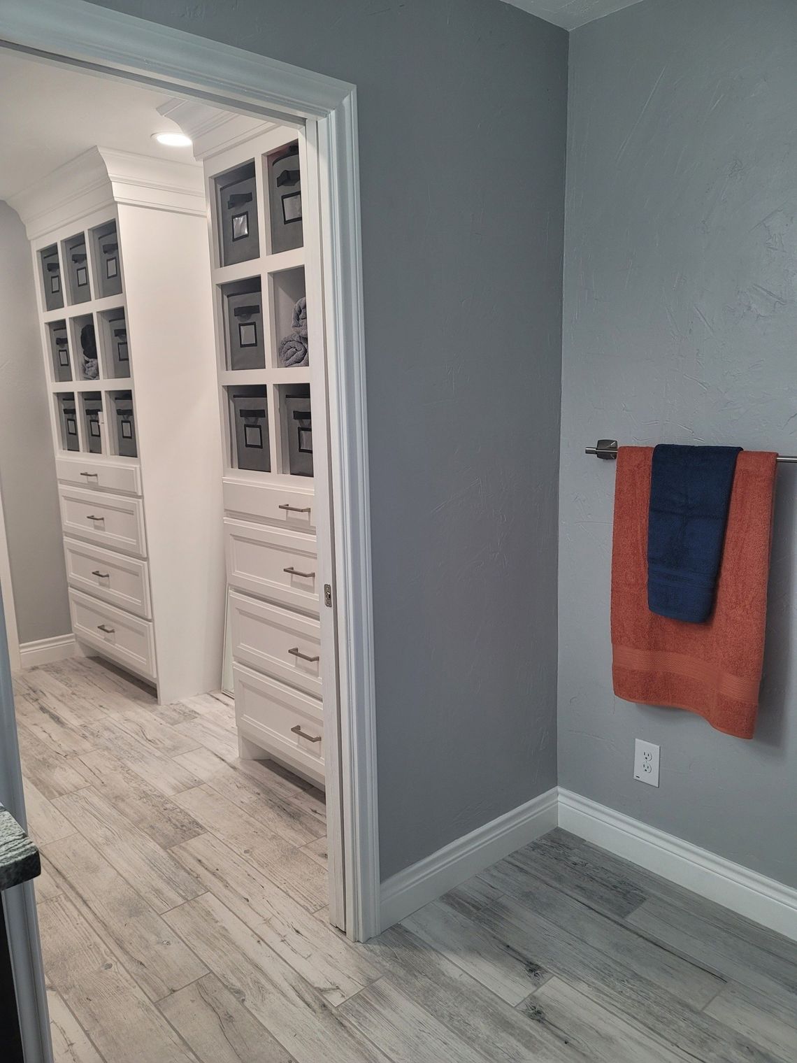 A bathroom with a walk in closet and a towel rack.