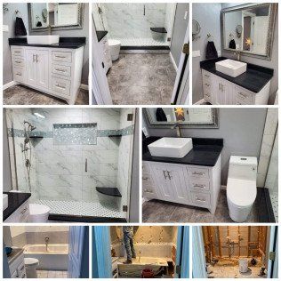 A collage of pictures of a bathroom being remodeled.