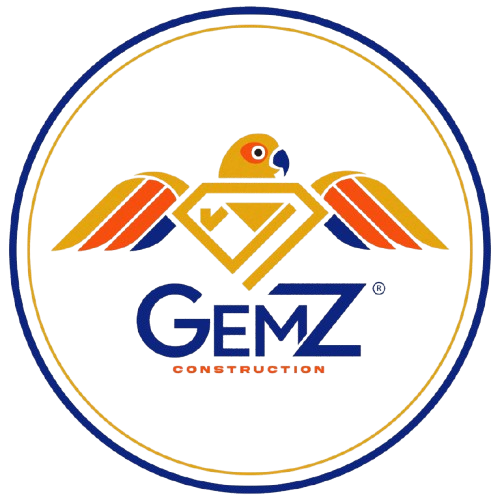 Logo for Gemz Construction: a diamond with eagle wings, text "GEMZ CONSTRUCTION", within a blue and gold circle.