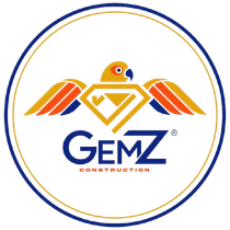 Logo for Gemz Construction: a diamond with eagle wings, text "GEMZ CONSTRUCTION", within a blue and gold circle.
