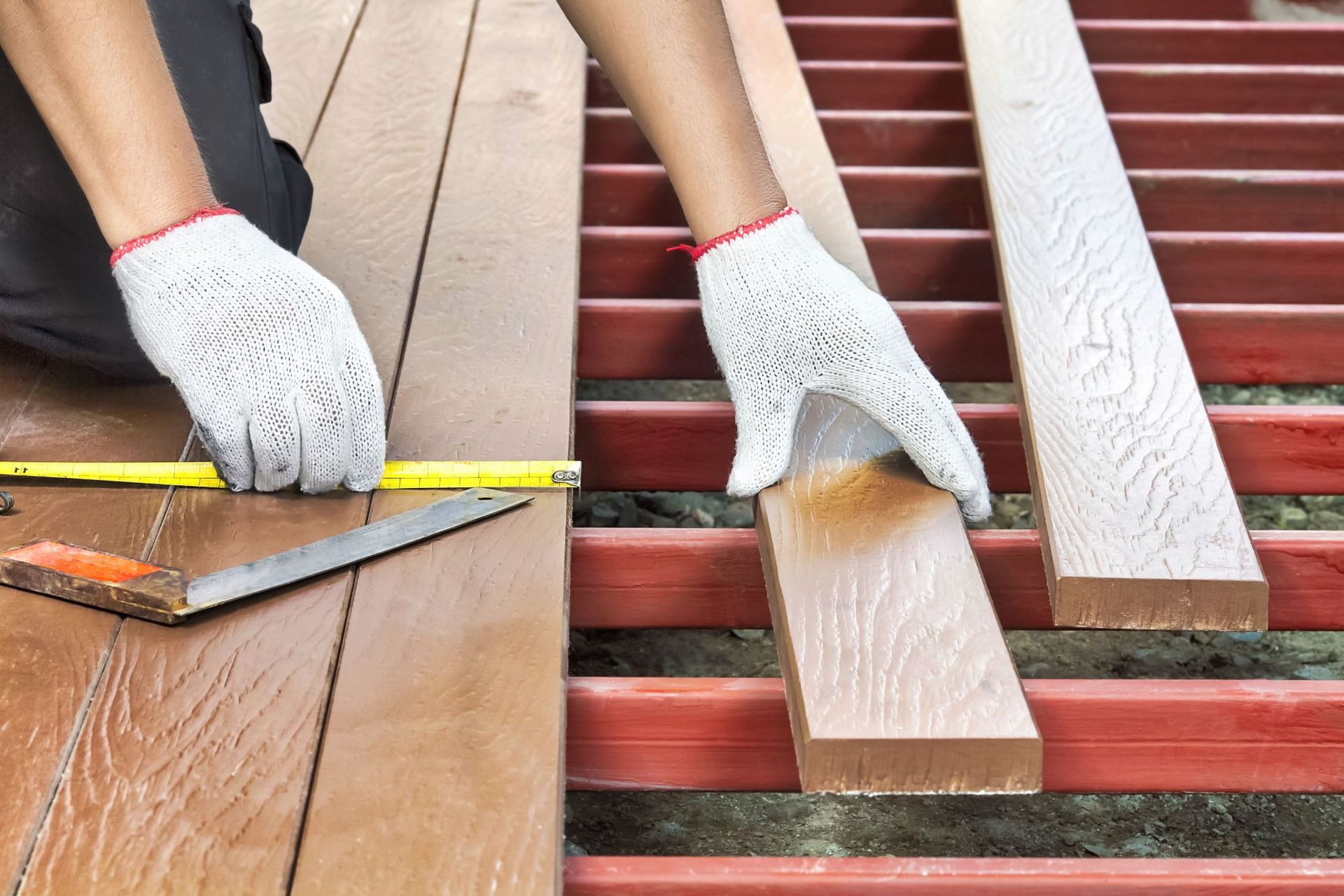Person measuring and placing wooden planks on a brown deck frame, wearing gloves.