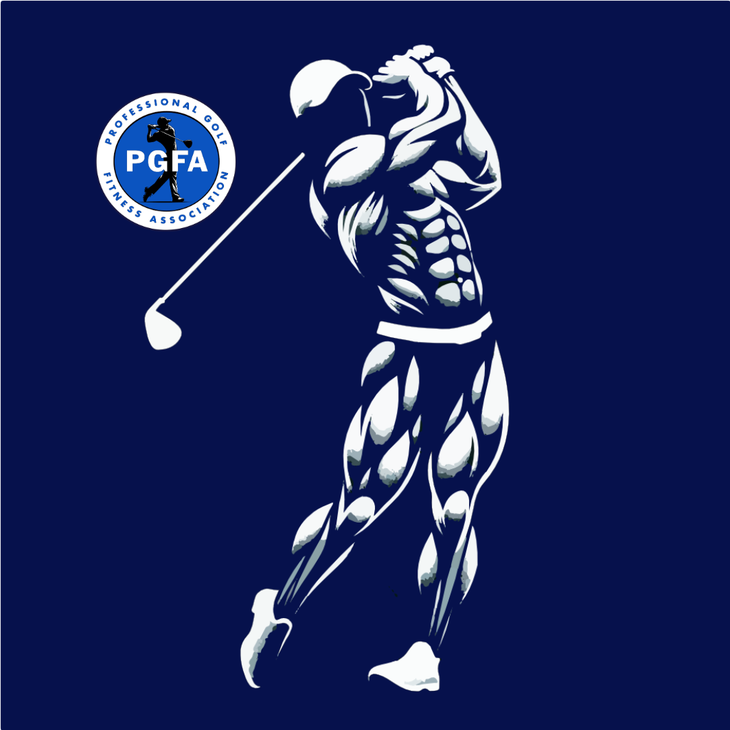 a muscular man swinging a golf club with a pgfa logo in the background