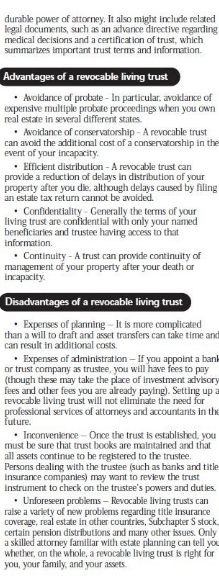 Text detailing advantages and disadvantages of a revocable living trust.