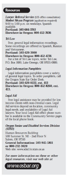 Legal resource information: contact information, website, and phone numbers for various legal services.