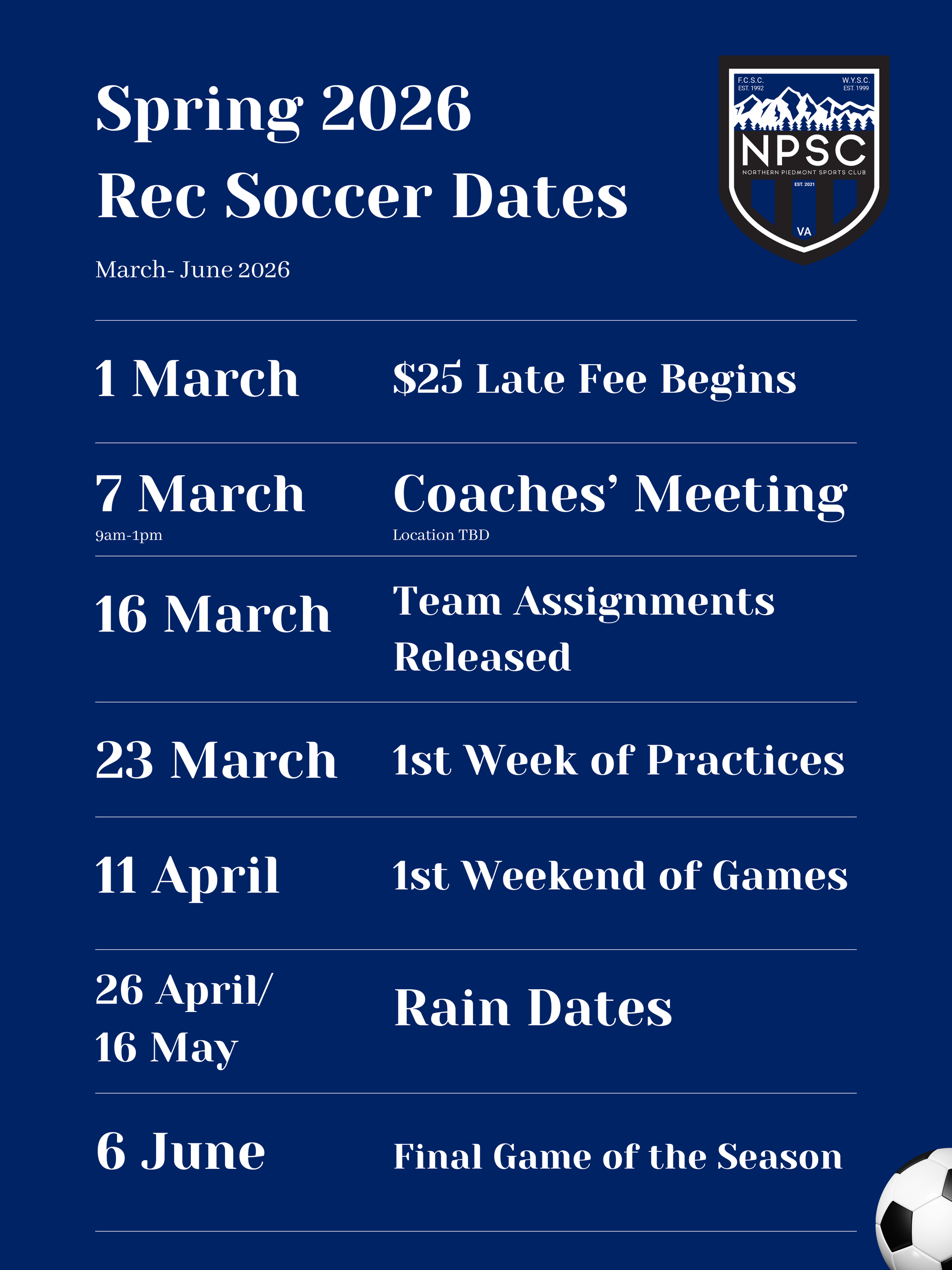 Northern Piedmont Sports Club rec soccer schedule