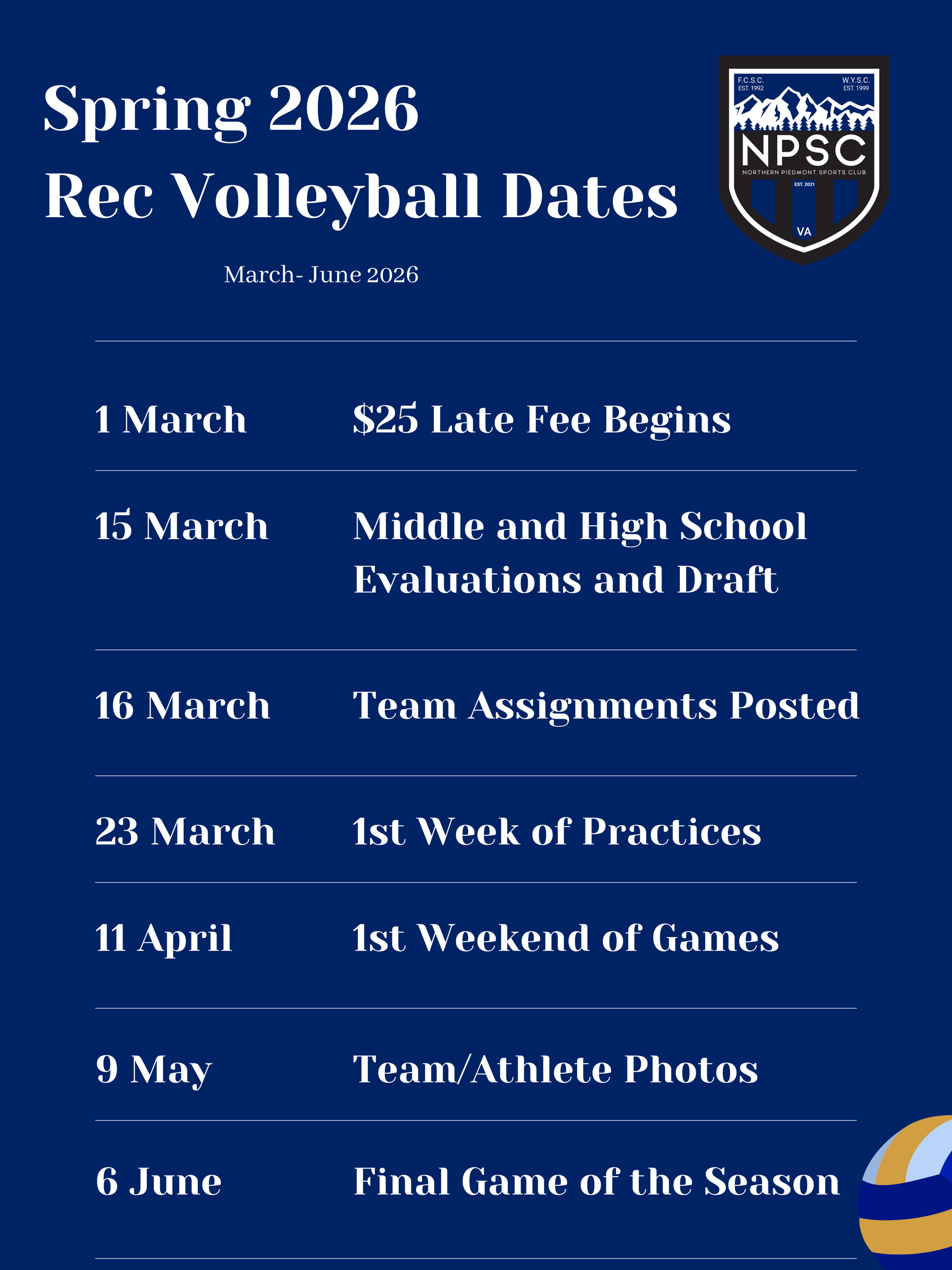 Northern Piedmont Sports Club rec volleyball schedule