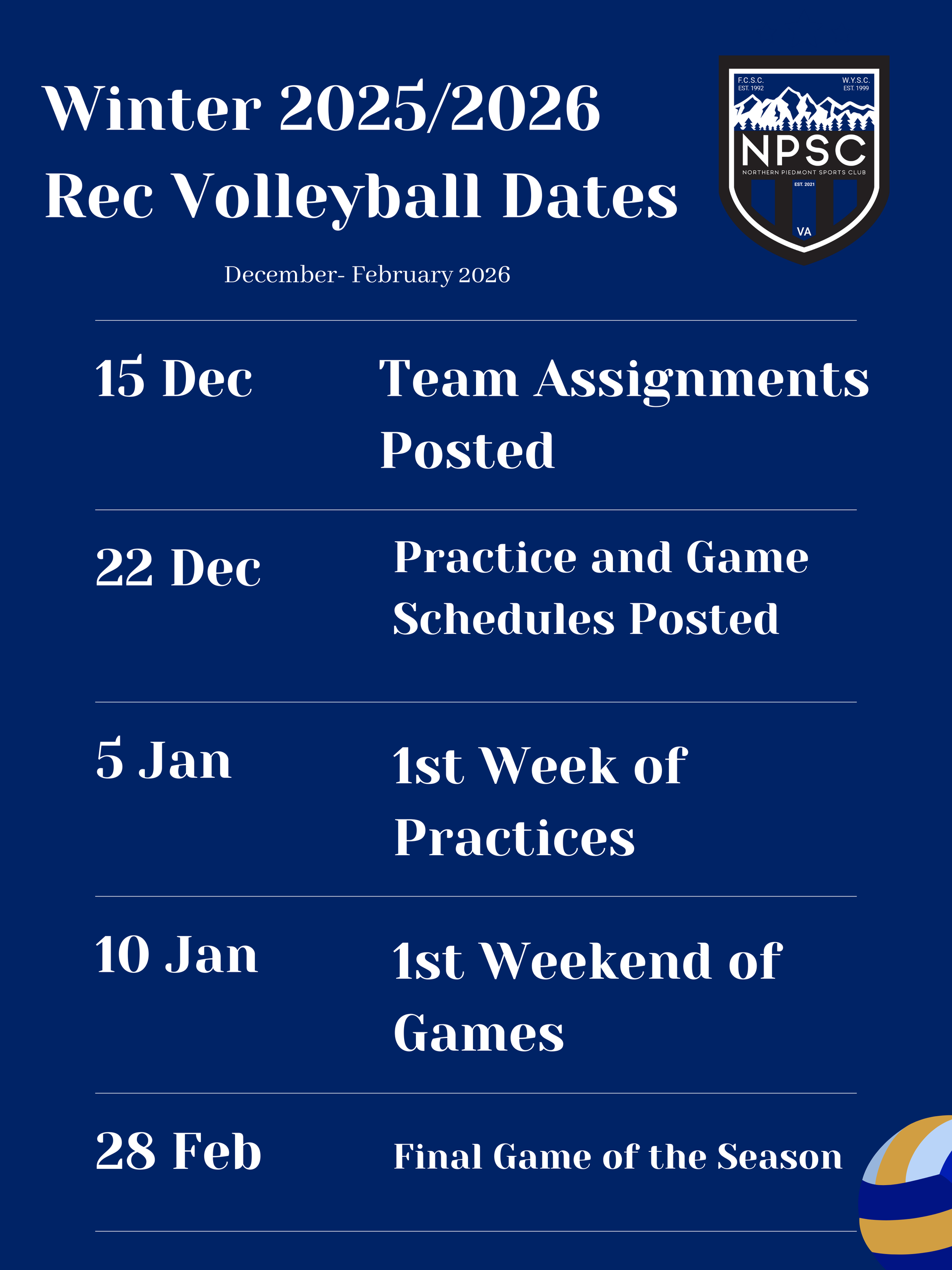 Northern Piedmont Sports Club rec volleyball private/small group lessons