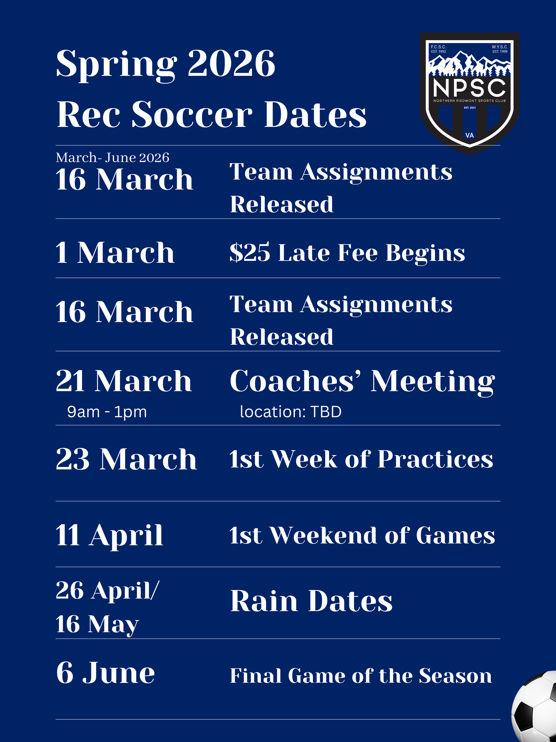 Northern Piedmont Sports Club rec soccer schedule