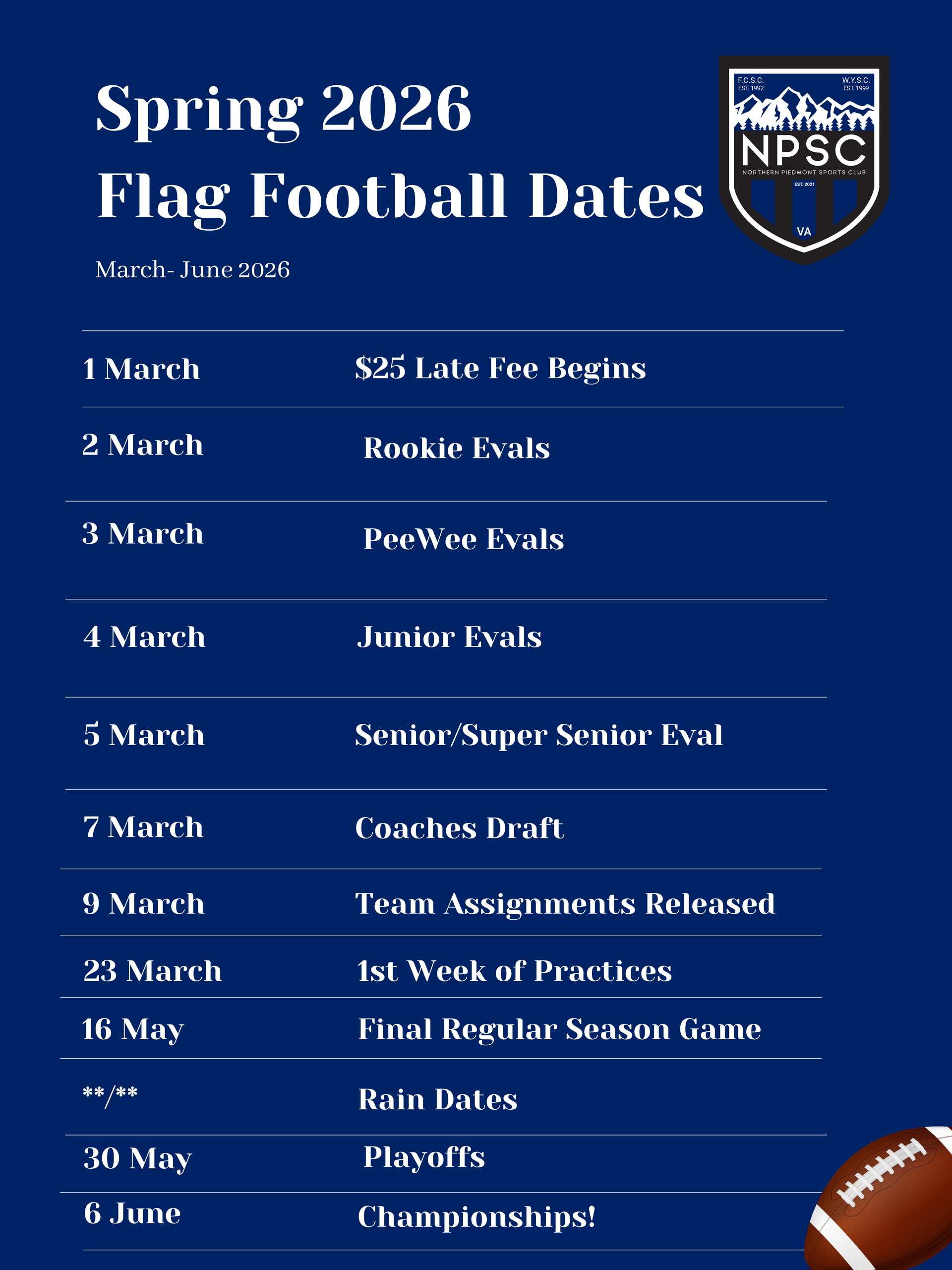 Northern Piedmont Sports Club Flag football schedule