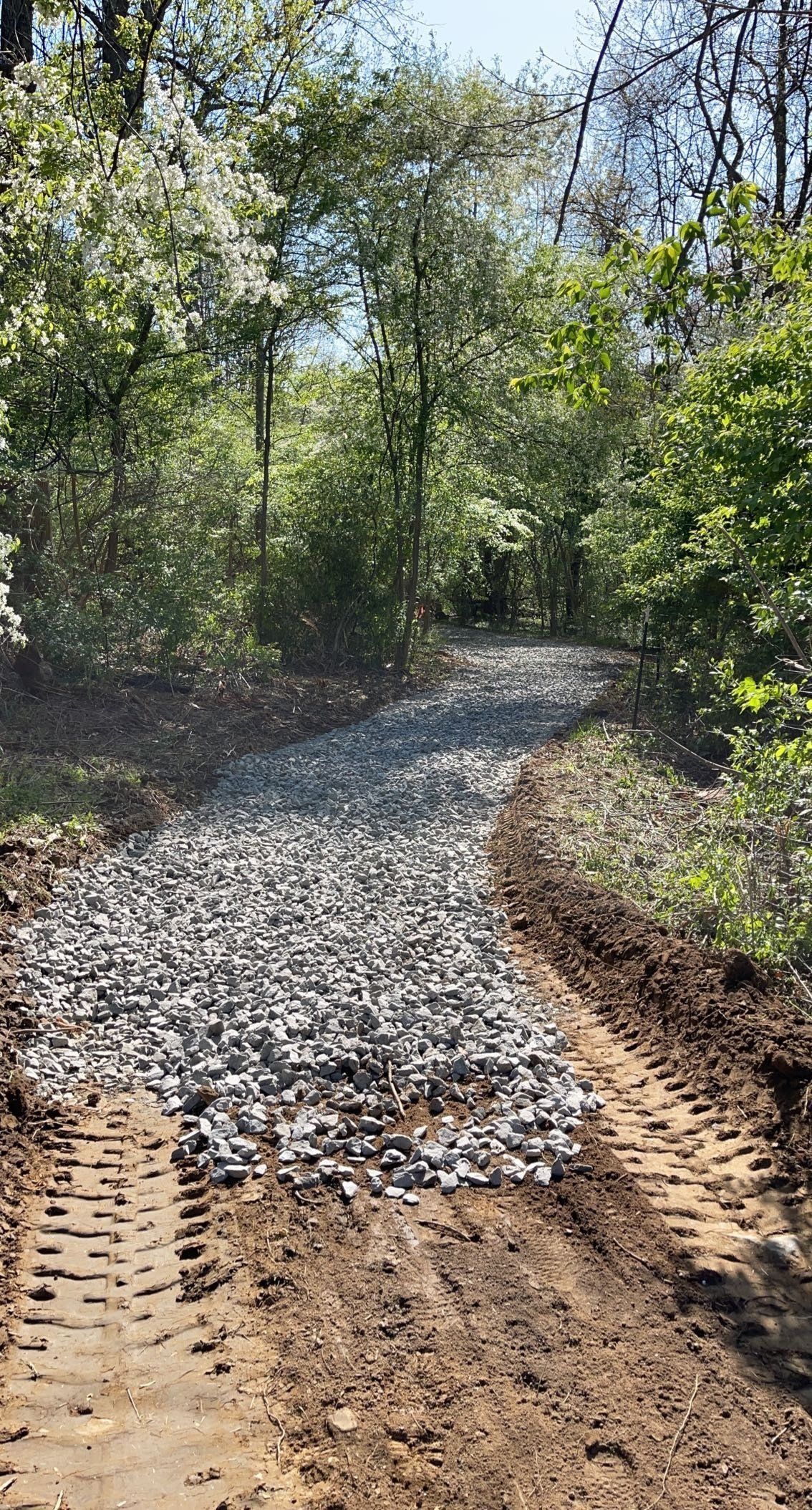 Gravel path through a forest. Tractor tracks on either side of the gravel. Trees and foliage visible in background.