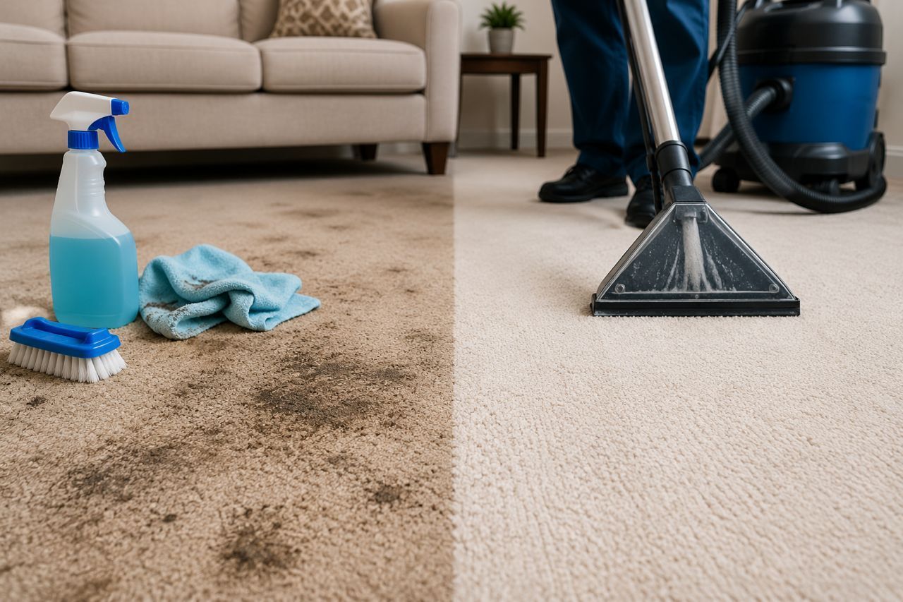 Carpet cleaning before-and-after: dirty floor left, clean carpet with vacuum and spray bottle right.