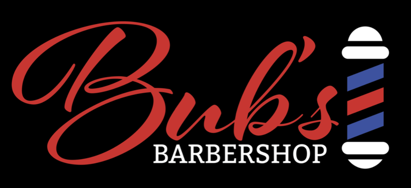 Bub&rsquo;s Barbershop logo in red, white, and blue on a black background