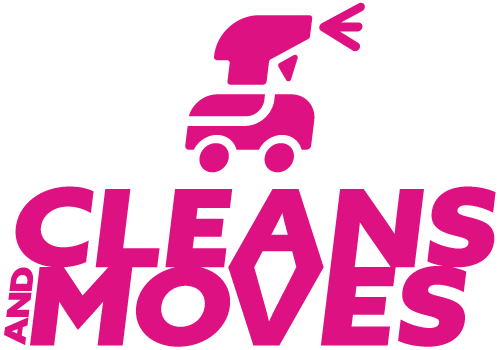 A pink logo for cleans and moves with a truck on it